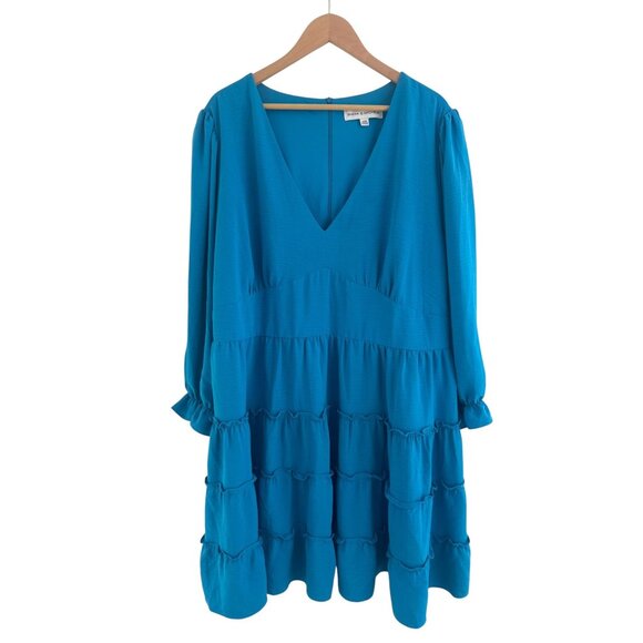 Emma & Michele Teal Tiered V-Neck Dress Size 24W 3X Plus Fall Babydoll Wedding - Picture 1 of 7